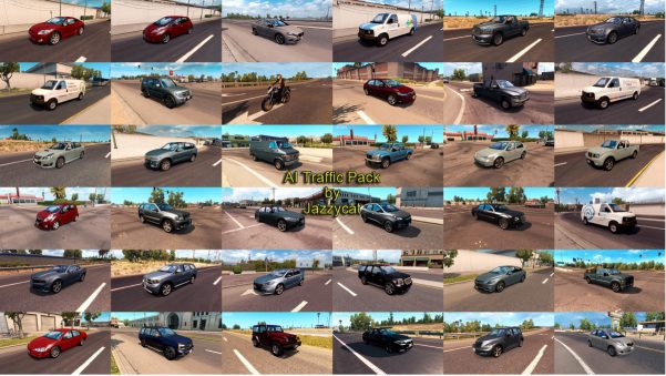 

Pack adds in traffic 145 new AI cars and motorcycles: 

Chevrolet Blazer, Tahoe('07, '15), Caprice, Cruze, Malibu, Silverado, Colorado, Avalanche, Trailblazer, Cobalt, Impala('96,'06), Spark, Camaro, Corvette
Dodge Grand Caravan, Neon, Dart, Intrepid, Caravan, Journey, Caliber, Durango('99,'11), Ram(1500, 2500, 3500), Charger, Challenger
Ford F150, F350, Focus, Taurus, Fusion, Mustang('95, '13), Ranger, Explorer, Fiesta, E150, F250(service)
Chrysler PT Cruiser, 300C('08, '12), Crossfire 
Jeep Wrangler, Liberty, Grand Cherokee 
GMC Yukon('00, '07), Savana, Canyon, Envoy, Vandura, Sierra
Cadillac CTS, XTS
Pontiac G8, Solstice
Oldsmobile Cutlass Ciera
Lincoln Town Car
Hummer H3
Toyota Tundra, Camry, Corolla('95, '08), Land Cruiser 200, Highlander, Rav4, Yaris
Lexus GS350, IS(XE20, XE30), LS460, CT200
Scion xD, tC
Honda Fit, Civic, CR-V, CB600 Hornet
Nissan Altima, Sentra, Frontier, Murano, Leaf, Versa, Juke, Hardbody 
Hyundai Sonata, Tucson, Santa Fe, Veloster, Genesis Coupe
Infinity Q50, XF50
Kia Sportage, Soul, Forte Koup
Mitsubishi Montero, Eclipse, Outlander
Subaru Legacy('05,'10), Forester
Mazda 6('06, '08, '15), CX-3
Suzuki Liana
Kawasaki Ninja ZX-12R
Yamaha FZ-10
Ducati 999
Triumph Speed Triple
MV Agusta F4
Harley Davidson  
Mercedes-Benz C-Class(W203, W204), E-Class(W212, W213), S-Class(W221), R-Class 
Audi A4(B6, B7, B8), A7, A8(D4)
BMW 3(E92, F80), 5(F10), 7(E65). X3(F25), X5(F15)
Volkswagen Jetta(4, 5), Golf 7, Beetle
Volvo S60, V60, XC90'17
Porsche 911, Cayenne, Macan
Jaguar F-Pace

All standalone, works on any maps.
Included real 3D logos for default cars.
Compatible with all my packs.
Tested on version 1.31.х

Version 4.3 - added Yamaha FZ-10, Mazda 6 '15, Mercedes-Benz R-Class.

Credits:
Jazzycat

<strong srcset=